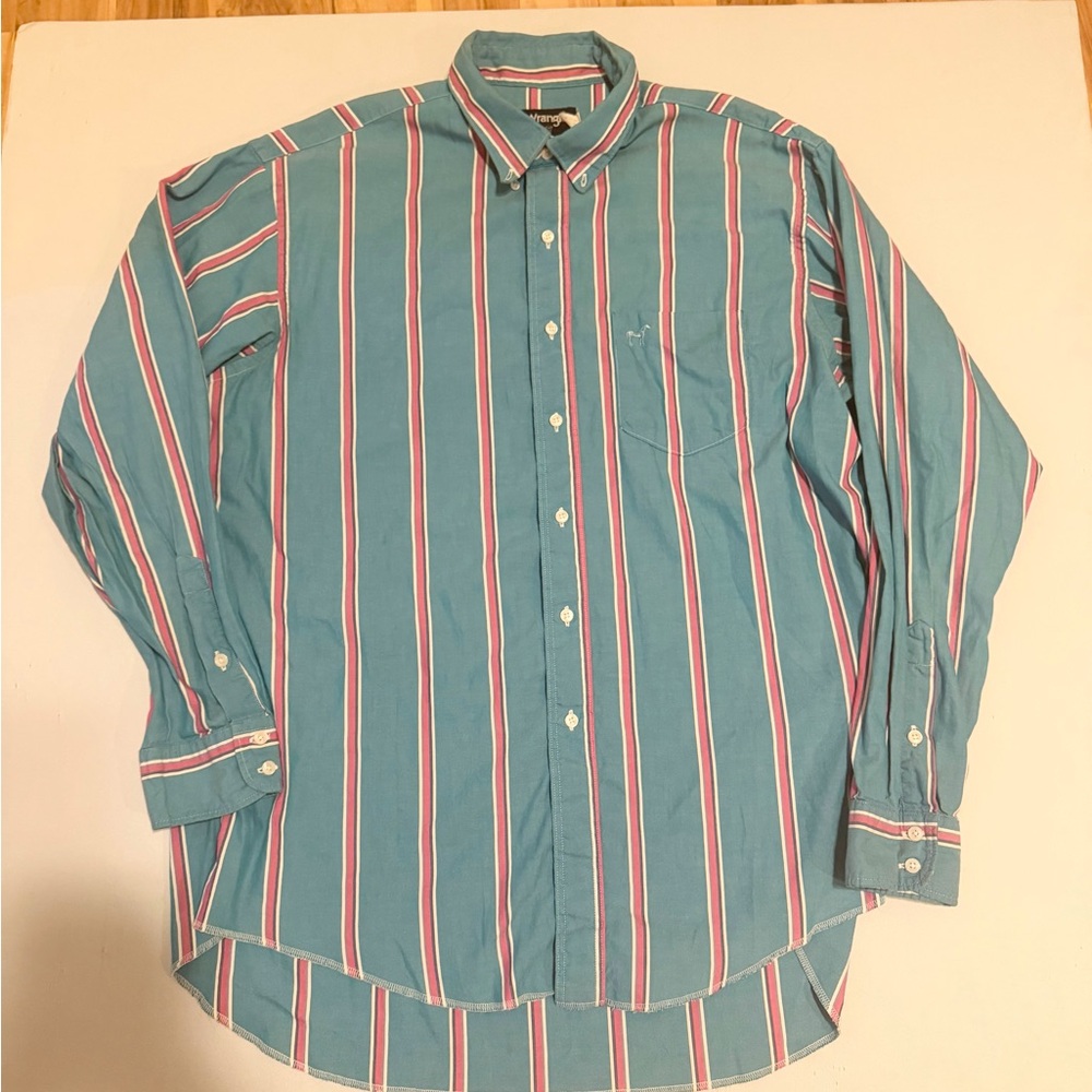 Vintage Wrangler Brushpopper Cowboy Cut Shirt Men 17.5 Tall Blue Striped Western